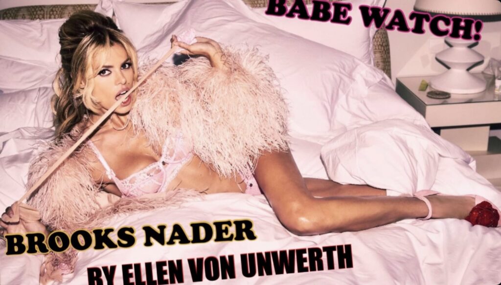 Sapatos rosa de luxo. Brooks Nader usando sandália Audrey Pink Giseli Dias em editorial fotografado por Ellen von Unwerth
